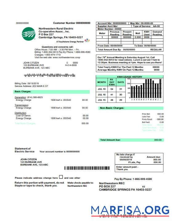 Blank USA Northwestern Rural Electric utility bill template, fully editable in Word and PDF format